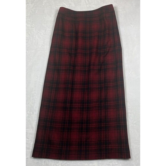 Eddie Bauer Plaid Wrap Skirt Red Black Wool Blend Fringe Size 4 - Picture 9 of 9